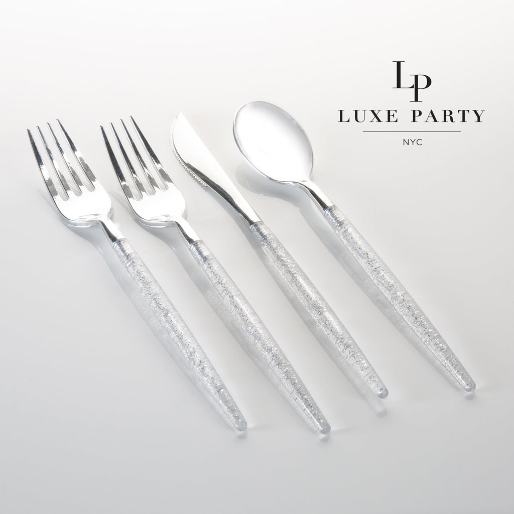 Clear and Silver Glitter Cutlery Pk 32PK