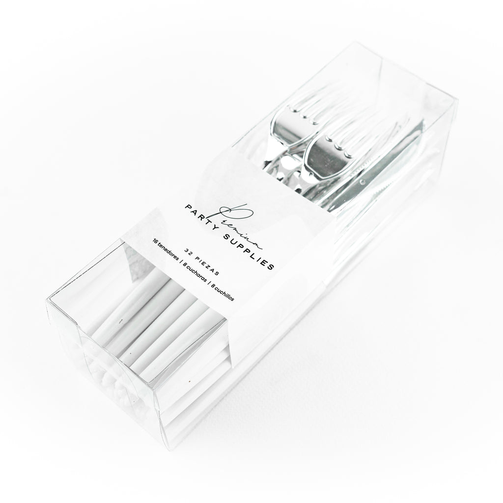 Cubiertos Premium Party Supplies White and Silver Pack 32PK