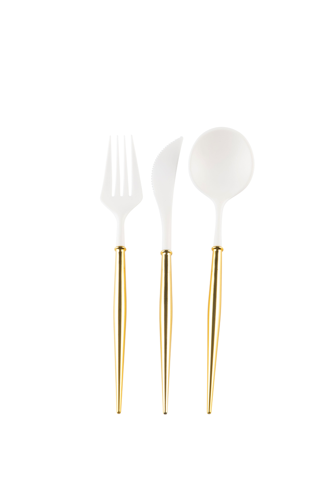 WHITE AND GOLD BELLA 24PC ASSORTED FLATWARE SET