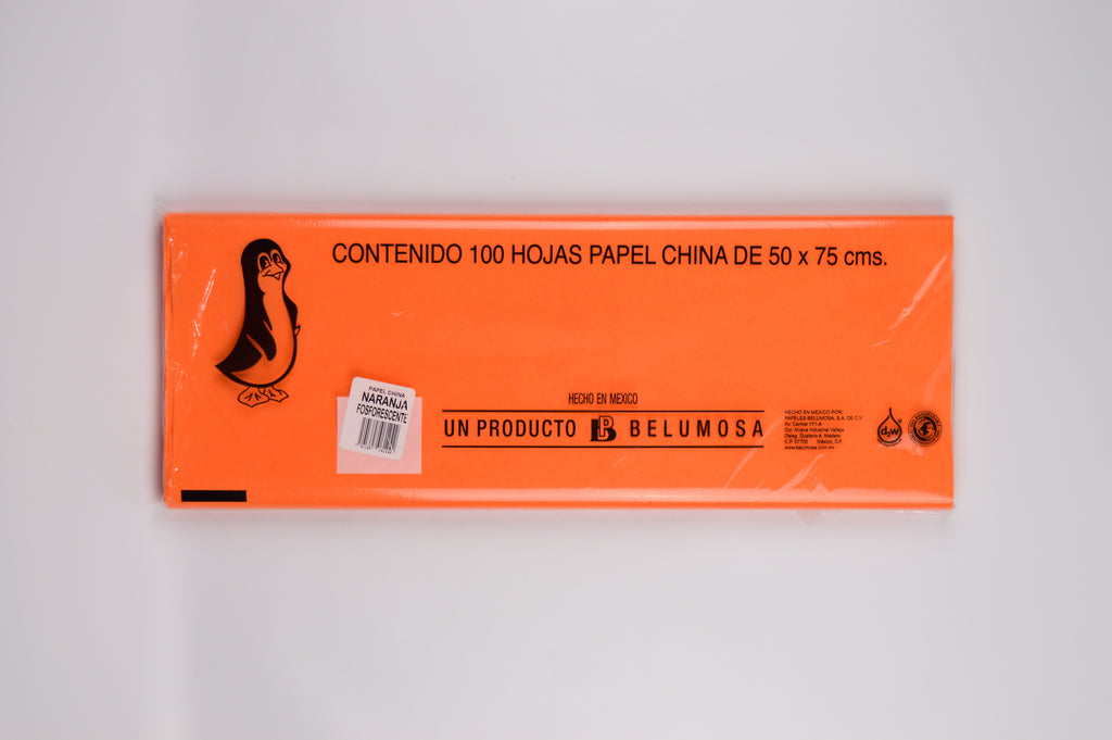 Papel de China 60 Naranja Fosforescente, bolsa c/100 hojas